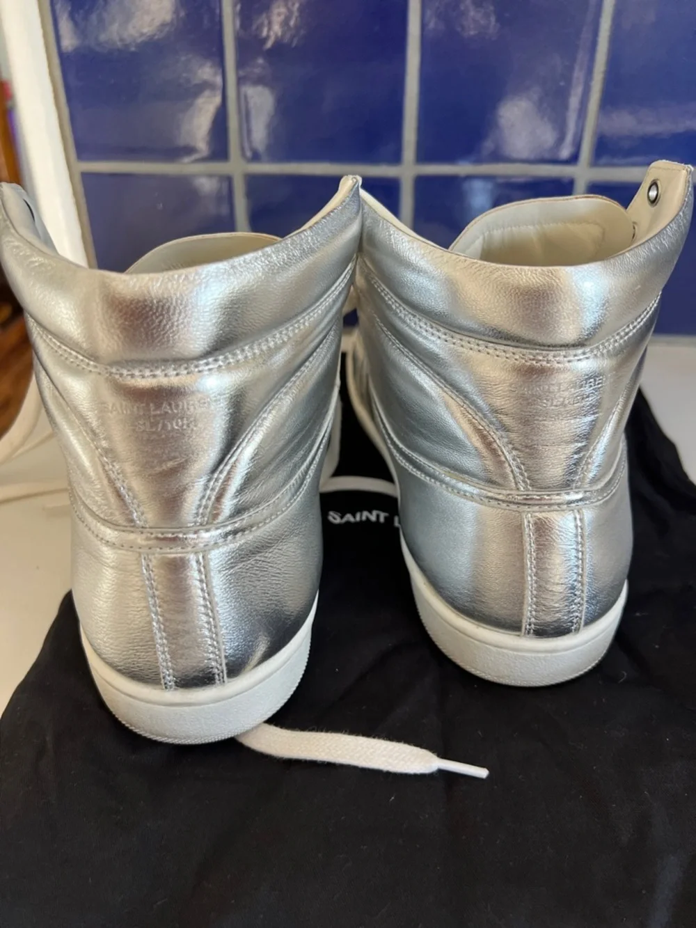 Saint Laurent Silver Metallic High-Top Sneakers with White Trim - Picture 8 of 9